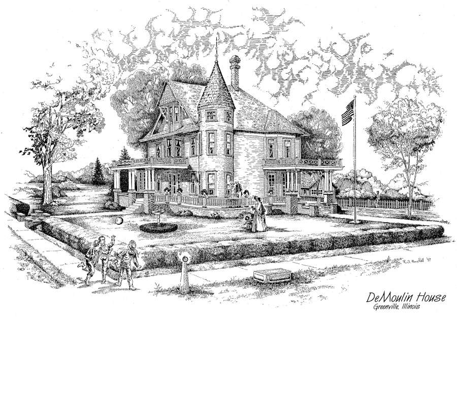 pen ink drawing of late Victorian three story residence, corner turret, wraparound porch, ladies in long skirts, children playing